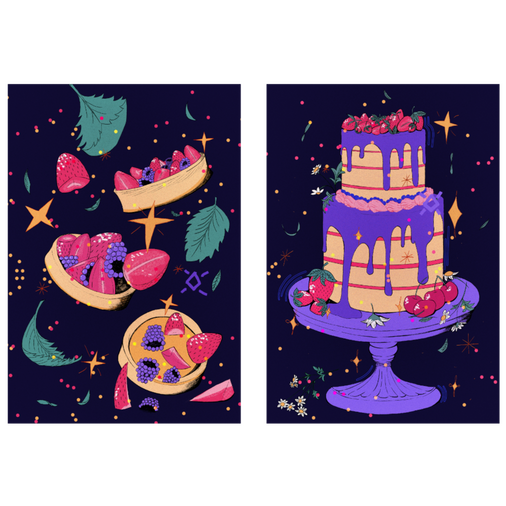 Two dessert illustrations: on the left is three fruit tarts falling down the page, with fruit falling out and around the tarts as well as leaves, stars, and confetti. On the right is a two-tier cake on a stand with strawberries and cherries and purple icin