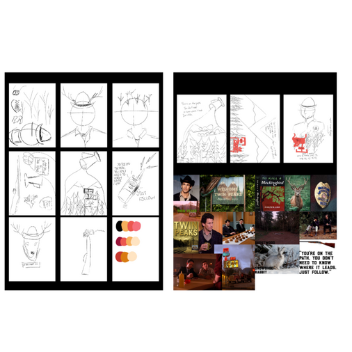 On the left is a page of very rough thumbnail sketches and colour palette ideas. On the right is 3 more refined ideas and the main moodboard I referenced to come up with the ideas.