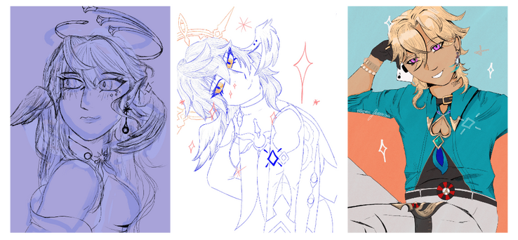 The three types of "main course" commissions: on the left is a rough sketch, in the middle is line art, and on the right is a fully lined and coloured piece